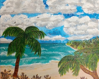 Palm trees and Sea Oats -- 12" X 12" Original Acrylic Painting on Canvas