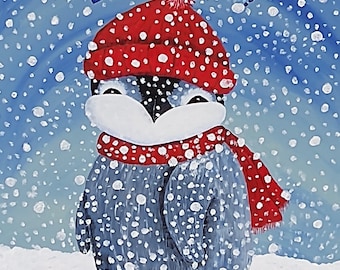 Snowy Penguin -- 20" X 24" Original Art: Acrylic Painting on Canvas