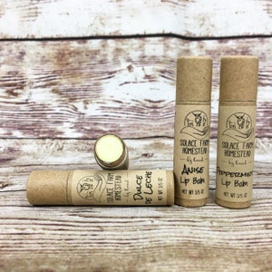Handmade Lip Balm - Beeswax Vegetarian or Candelilla Wax Vegan Recipe with Cocoa and Shea Butters in Paper Compostable Recyclable Eco-Tube