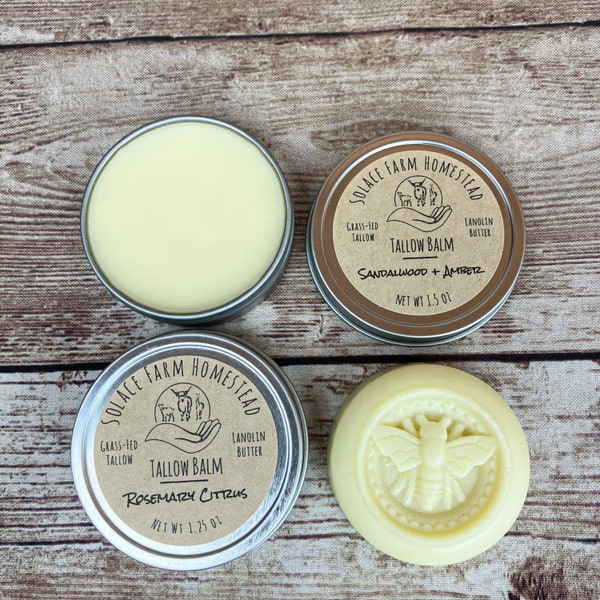 Tallow Balm  - Grass-fed Tallow & Lanolin Body Butter, Shaped Molded Bar of Solid Lotion