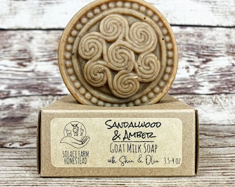 Sandalwood + Amber Goat Milk Soap: Vegetarian Friendly Soap, Celtic Knot Design
