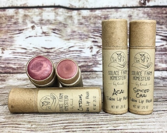 Lip Blush, Grass-fed Tallow Nourishing Tinted Lip Balm in Plastic-Free Paper Eco-Tube, Recyclable and Compostable