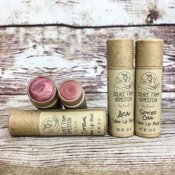 Lip Blush, Grass-fed Tallow Nourishing Tinted Lip Balm in Plastic-Free Paper Eco-Tube, Recyclable and Compostable