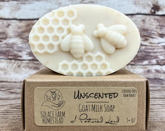 Unscented Goat Milk Lard Soap - Fragrance-Free Handmade Natural Goat Milk Farm Soap with Pastured Lard, Real Raw Honey and Oats