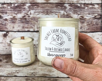 Tallow + Beeswax Candle: Wooden Wick, Upcycled Jar, 5 oz