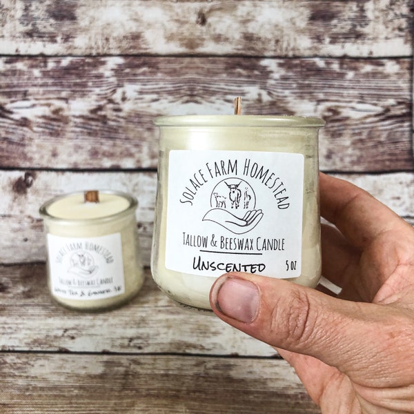 Tallow  Beeswax Candle 5 oz, Wooden Wick Candle with Hand-Rendered Grass-fed Beef Tallow in Upcycled Glass Jar
