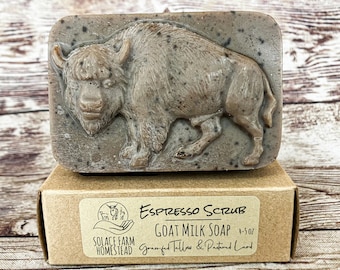 Espresso Goat Milk Soap: Tallow + Lard Soap with Coffee Scrub, Animal Shapes