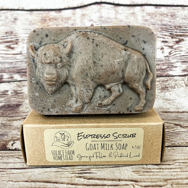 Espresso Goat Milk Soap with Grass-fed Tallow and Pastured Lard, Mocha Scrub Bar Soap with Ground Coffee in Wild Animal Shapes