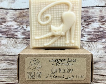Lavender Anise Patchouli Goat Milk Soap: Lard + Coconut Oil Soap, Retro Cats
