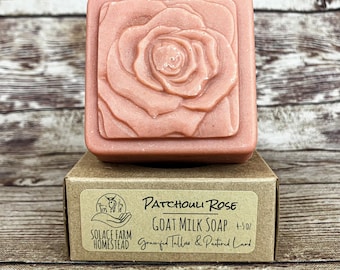 Patchouli Rose Goat Milk Soap: Tallow + Lard Soap, Pink Rose and Hibsicus