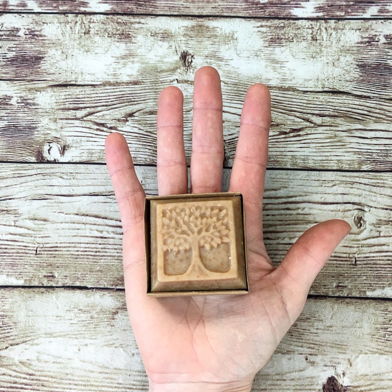 K&ouml;nnte beinhalten: Eine quadratische Seife mit einem Baumdesign auf der Vorderseite. Die Seife befindet sich in einer Pappbox und wird in der Hand einer Person gehalten.