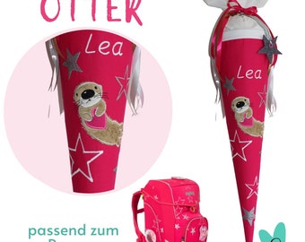 Schultüte mit Otter und Namen in pink und weiß - wandelbar zum Kissen