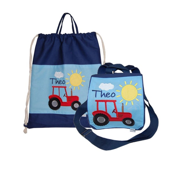 Set Kindergartentasche und Turnbeutel mit Traktor und Namen