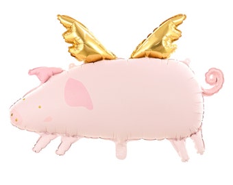 Könnte beinhalten: Ein rosa Schweinchenballon mit goldenen Flügeln. Das Schweinchen hat eine rosa Schnauze und einen kleinen Schwanz.