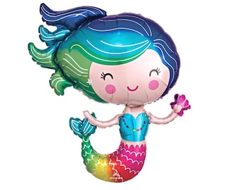 Giant 30" Rainbow Mermaid Balloon, Girls Birthday Party Décor, Mermaid Party Foil Balloon