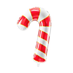 May include: Red and white striped candy cane shaped balloon.