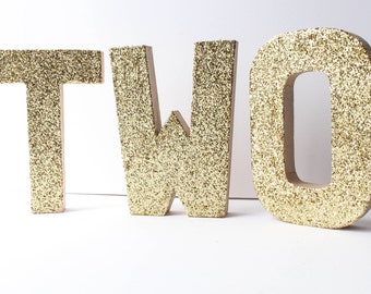 Gold Princess Glitter Letters, Gold Birthday Party Decorations, Gold ONE TWO Sign Party Supplies, Paper Mache Cake Table Decor