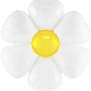 May include: White and yellow foil balloon shaped like a daisy flower. The balloon has five petals and a yellow center.