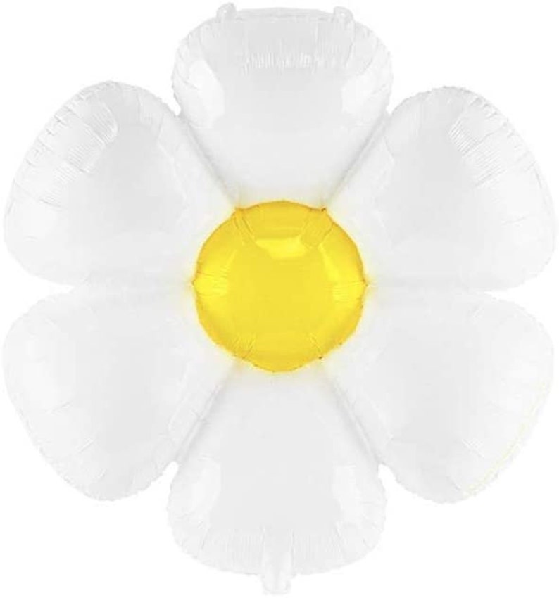 May include: White and yellow foil balloon shaped like a daisy flower. The balloon has five petals and a yellow center.