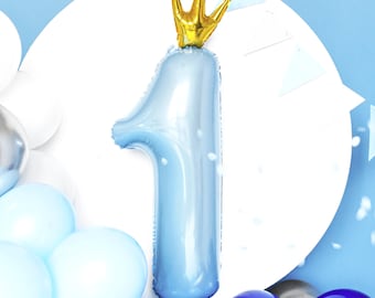 Blue Crown Number 1 Mylar Balloon, Baby Prince 1st Birthday Party Balloon, 1 Year Boy Celebration Balloon, Kids Birthday Party Decoration