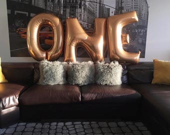 Gold ONE 1st Birthday Balloon Banner, 1st Birthday Party Photo Prop, Letter Balloons Garland Decor