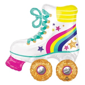 May include: A white inflatable roller skate with rainbow stripes, glitter wheels, and a turquoise lace. The roller skate has a pink base and a yellow and white stripe on the top.