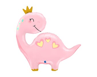 May include: Pink dinosaur balloon with a gold crown, yellow hearts, and a blue dot on the belly.