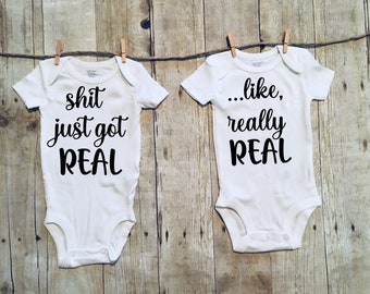 Shit Just Got Real Twin Baby Announcement /Bodysuits /Funny Twin Pregnancy Announcement / Baby Shirt/Twins/Expecting/Photo Prop