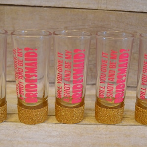 Will you give it shot and be my bridesmaid/maid of honor. glitter shot glass, bridesmaid gift, maid of honor gift, wedding shot glass