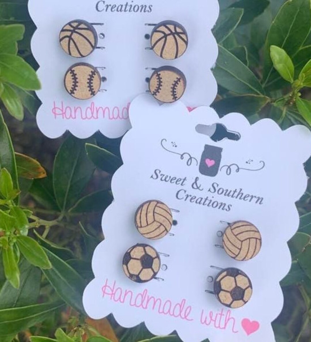 Sports Stud Earrings, Wood Sports Studs, Small Baseball Earrings