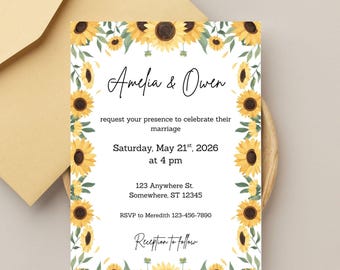 Puede incluir: Una plantilla de invitación de boda con tema de girasoles. La invitación presenta los nombres "Amelia & Owen" en escritura elegante, rodeados de girasoles y vegetación en acuarela. El texto incluye la fecha, hora y lugar de la boda. El texto "Sunflower Wedding Template" está en la parte superior.