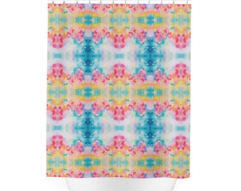 Blue, Pink and Yellow Bonaire Cloth Shower Curtain | Bathroom Home Decor | Dorm and Apartment Decor for College Girls