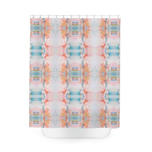Blue, Orange & Pink Sandcastle Sunrise Cloth Shower Curtain | Bathroom Home Decor | Dorm and Apartment Decor for College Girls