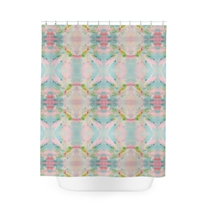 Blue, Green & Pink Pagoda Cloth Shower Curtain | Bathroom Home Decor | Dorm and Apartment Decor for College Girls