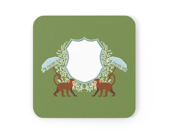 Chinoiserie Mahjong Discard Tile Coaster | Monkey Garden Collection | Square 3.75 in x 3.75 in | Cork Back