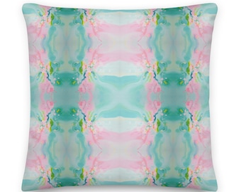 Blue, Pink & Green Lagoon No. 2 Watercolor Pillow | Dorm Decor for College Girls | Home and Apartment Decor | Throw Pillows for Couch