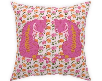 Pink & Orange Twin Sitting Tigers on Peonies Pillow | Dorm Decor for College Girls | Teen and College Girl Gift | Home Decor