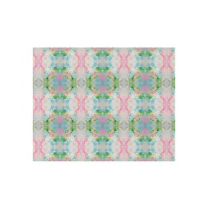 Blue, Pink & Green Fountain Impressionistic Chenille Rug
- 100% polyester chenille front
- Low pile height
- Hemmed edges
- No skid polyester backing
- Stiff, lay-flat design