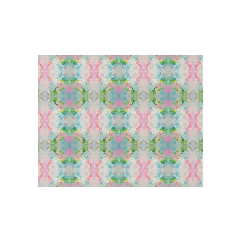 Blue, Pink & Green Fountain Impressionistic Chenille Rug
- 100% polyester chenille front
- Low pile height
- Hemmed edges
- No skid polyester backing
- Stiff, lay-flat design