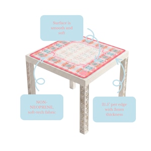 Blue, Orange & Pink Sandcastle Sunrise Mahjong Mat | 31.5in x 31.5in | 3mm | Non-Neoprene | With Storage Bag  - mat on table with details