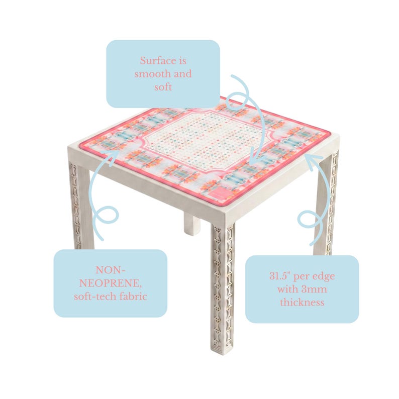 Blue, Orange & Pink Sandcastle Sunrise Mahjong Mat | 31.5in x 31.5in | 3mm | Non-Neoprene | With Storage Bag  - mat on table with details