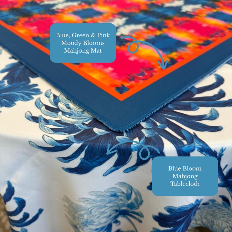 Blue, Orange & Pink Moody Blooms Mahjong Mat | 31.5in x 31.5in | 3mm | Non-Neoprene | With Storage Bag