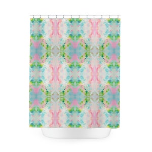 Blue, Pink & Green Fountain Impressionistic Cloth Shower Curtain | Bathroom Home Decor | Dorm and Apartment Decor for College Girls