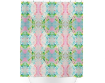Blue, Pink & Green Fountain Impressionistic Cloth Shower Curtain | Bathroom Home Decor | Dorm and Apartment Decor for College Girls