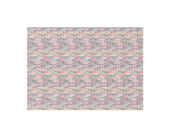 May include: A repeating pattern of small, rectangular shapes in various pastel colors, including pink, blue, green, and yellow. The design resembles a brick wall or a textured surface, creating a visually interesting and colorful background.