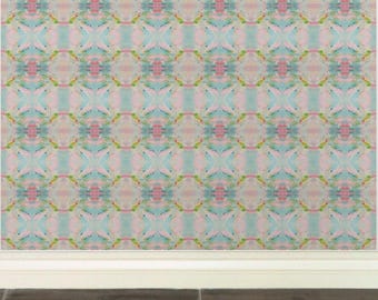 May include: Wallpaper featuring a repeating abstract pattern with soft brushstrokes in shades of light blue, pale pink, and touches of lime green. The design creates a symmetrical, diamond-like grid effect across the surface of the wall covering.