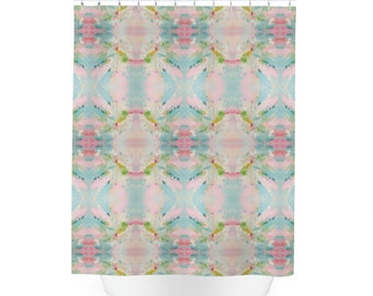 Blue, Green & Pink Pagoda Cloth Shower Curtain | Bathroom Home Decor | Dorm and Apartment Decor for College Girls