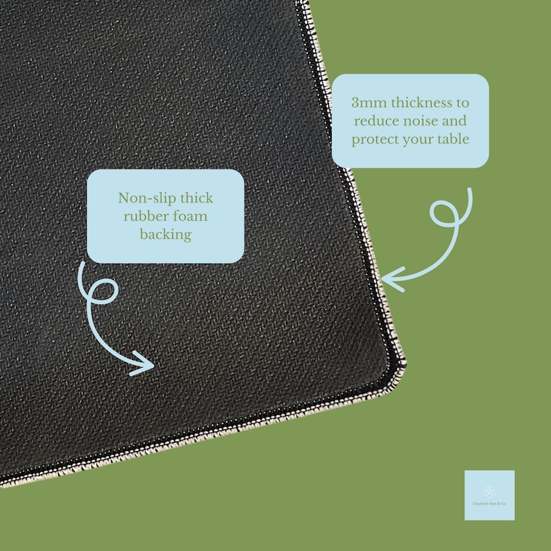 May include: A black rectangular desk mat with a textured surface and a non-slip thick rubber foam backing. The mat features a 3mm thickness to reduce noise and protect your table. The edges are finished with a stitched border for durability.