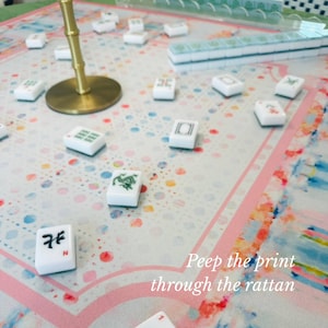 Peep the print through the rattan - Blue, Orange & Pink Sandcastle Sunrise Mahjong Mat | 31.5in x 31.5in | 3mm | Non-Neoprene | With Storage Bag