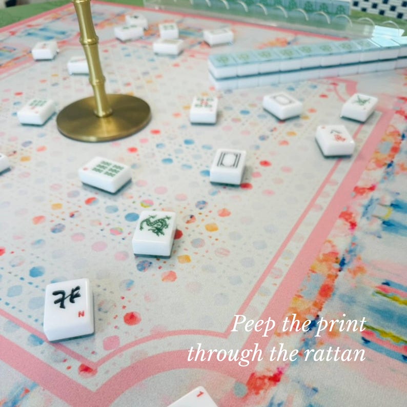 Peep the print through the rattan - Blue, Orange & Pink Sandcastle Sunrise Mahjong Mat | 31.5in x 31.5in | 3mm | Non-Neoprene | With Storage Bag